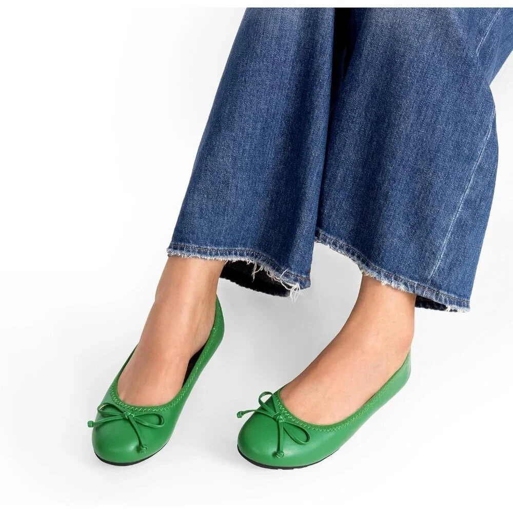 Women's Green Bowknot Round Toe Comfort Light Weight Slip-on Foldable Flats